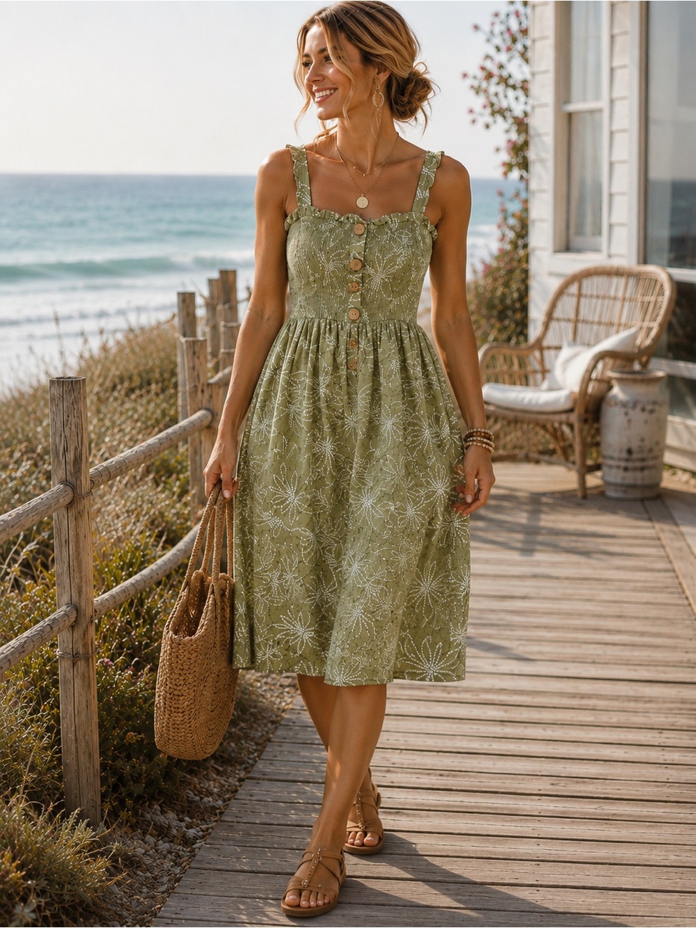 Liberty Love Sage Green Smocked Midi Dress Small Boho Cottagecore Coastal Resort